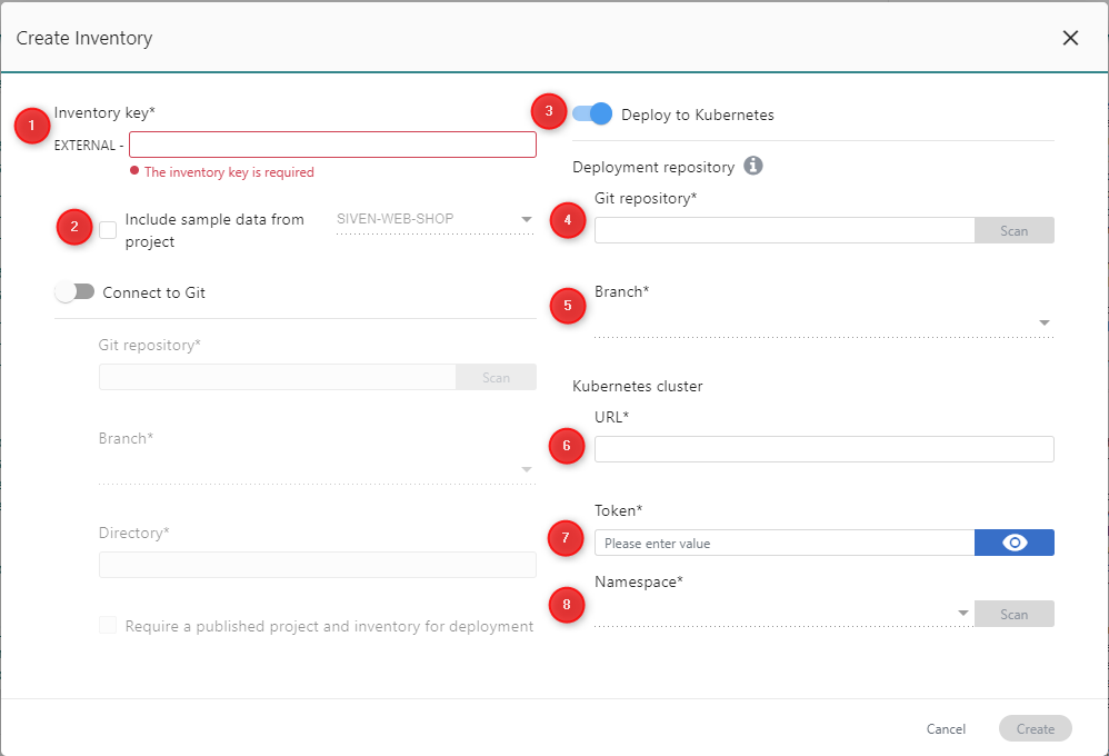 Create Inventory dialog - Kubernetes inventory