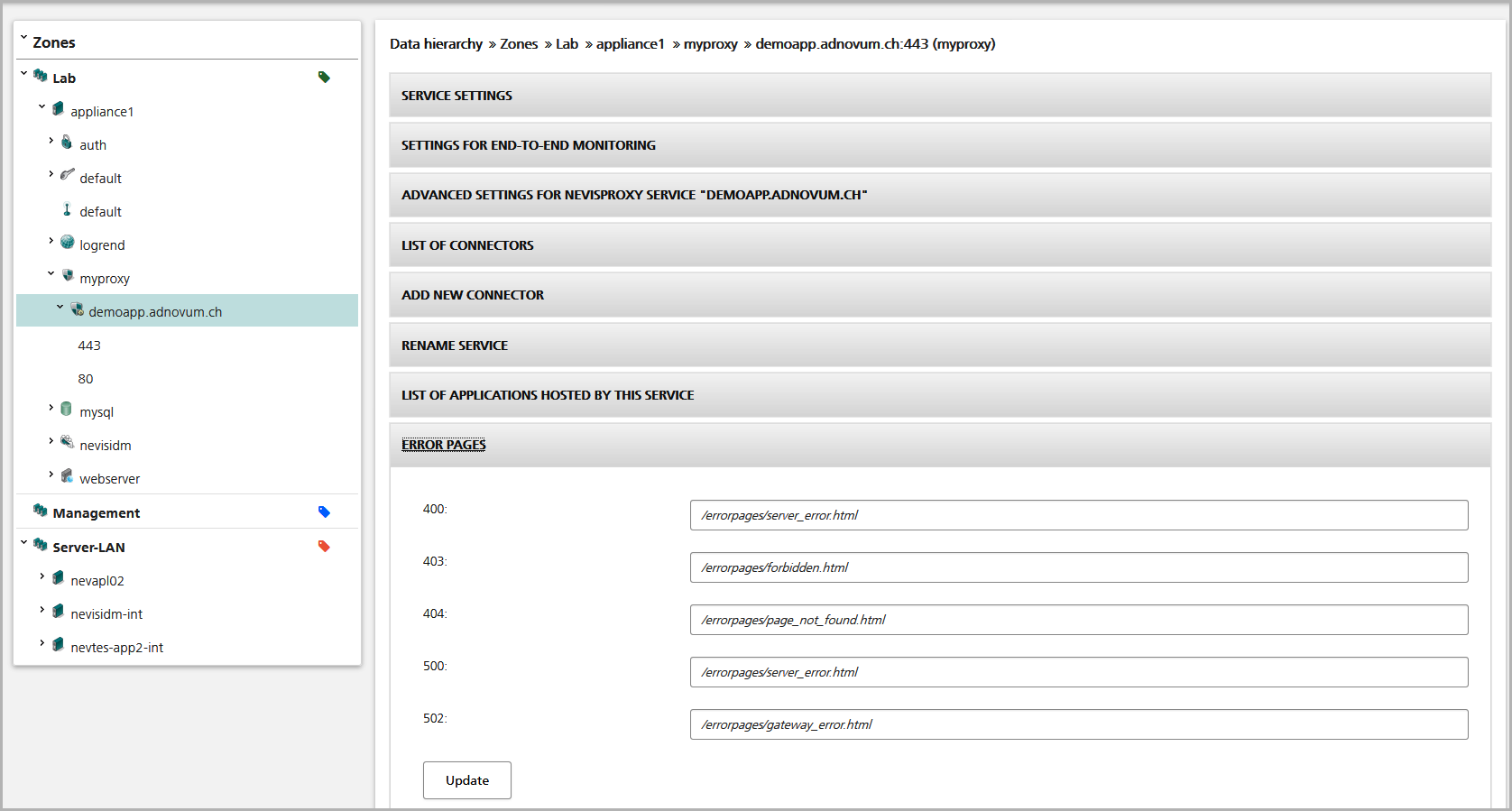 Error pages within the nevisProxy service view