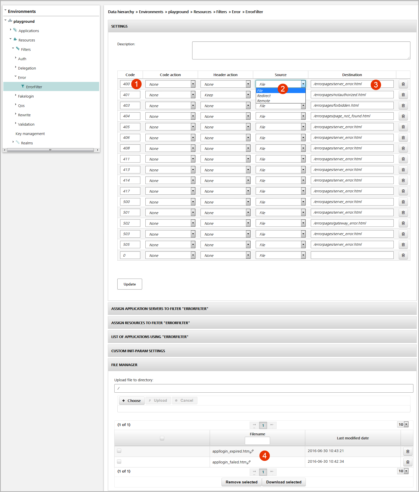 Error filter settings