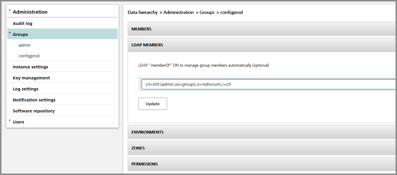 Adds all users who are member of the cn=WESadmin,ou=groups,o=SIVEN,c=ch group