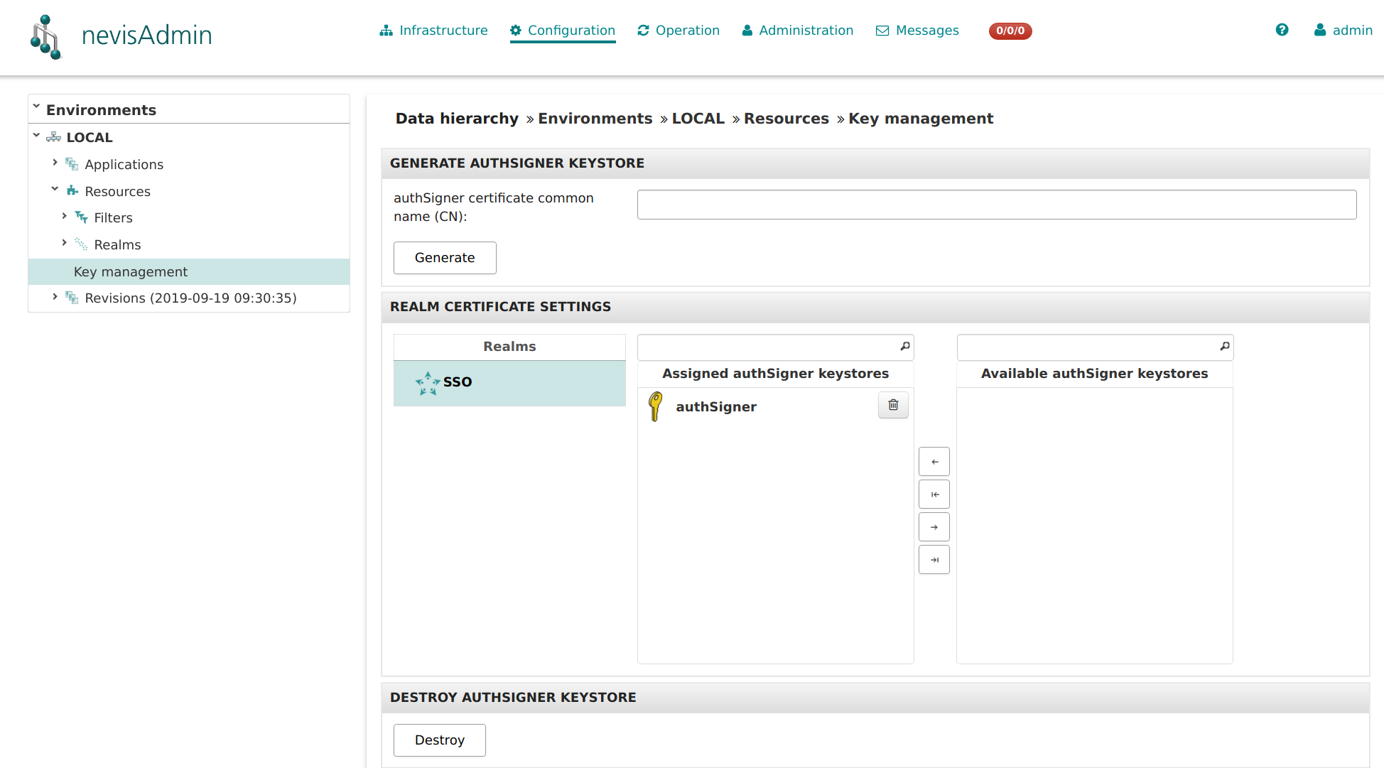 The Key management view in the Configuration tab