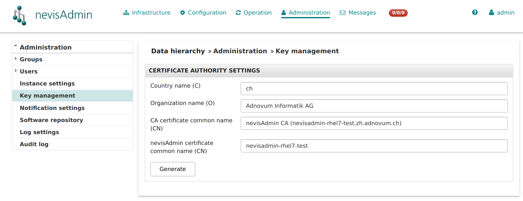 The Key management view in the Administration tab