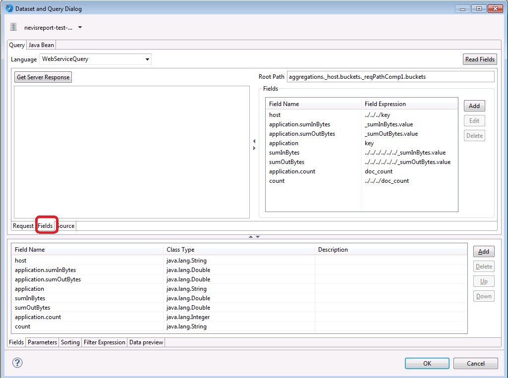 JSS query editor displaying WebServiceQuery language