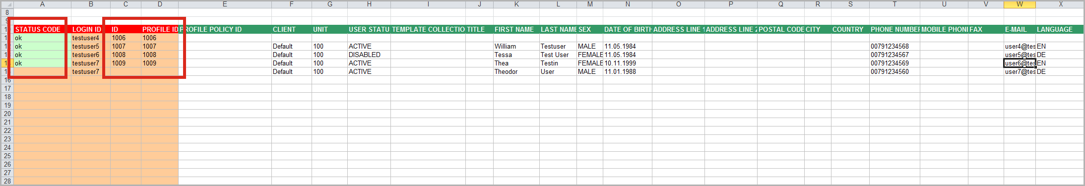 Excel template with user entries and additional user attributes