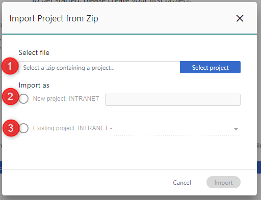 Import Project from Zip dialog
