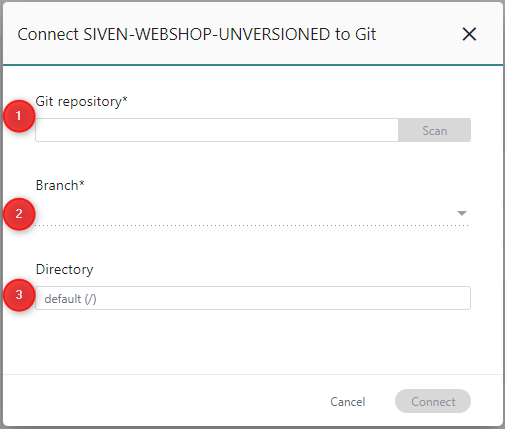 Connect Project to Git dialog**The following fields in the *Connect Project