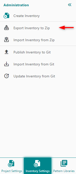 Inventory Settings sidebar menu - Export Inventory to Zip function