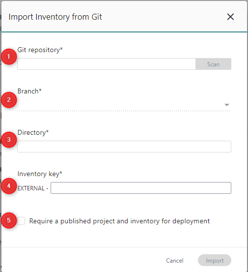 Import Inventory from Git dialog**The following fields in the *Import Inventory