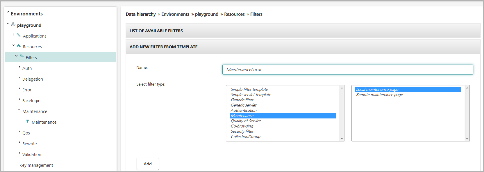 Create a new local maintenance filter