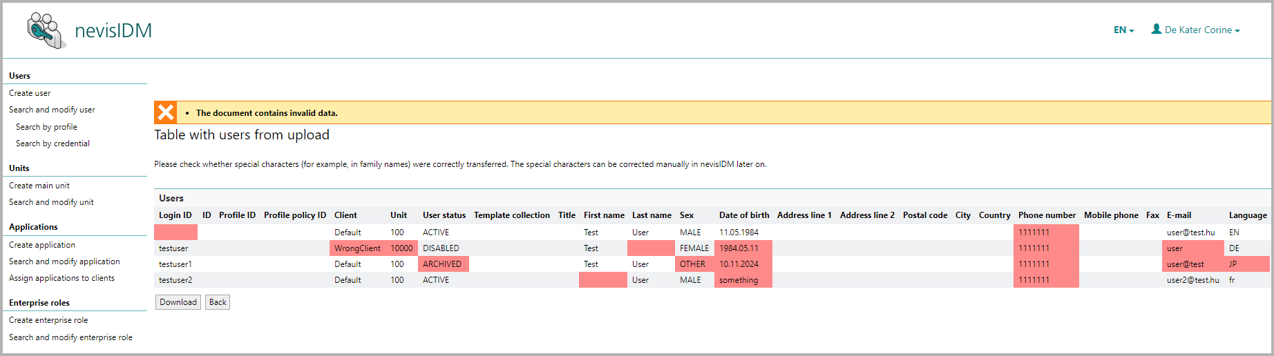 View with the uploaded user data*