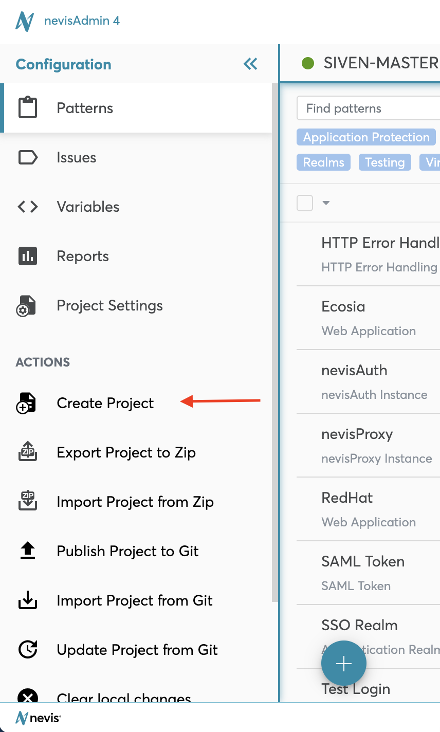 Projects screen - Action menu in the sidebar menu