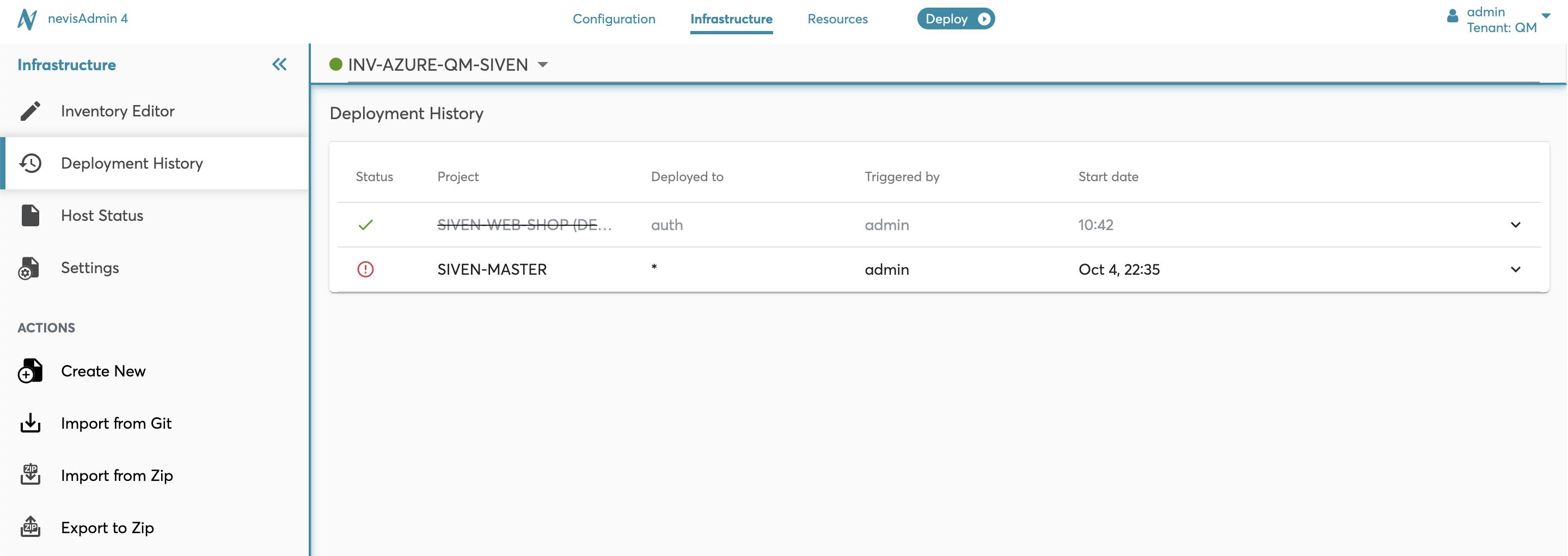 Deleted project in Deployment History