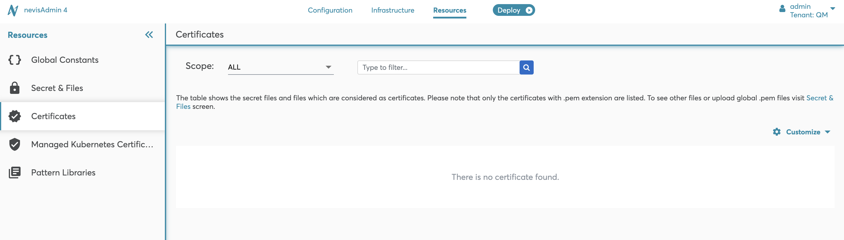 Certificates screen