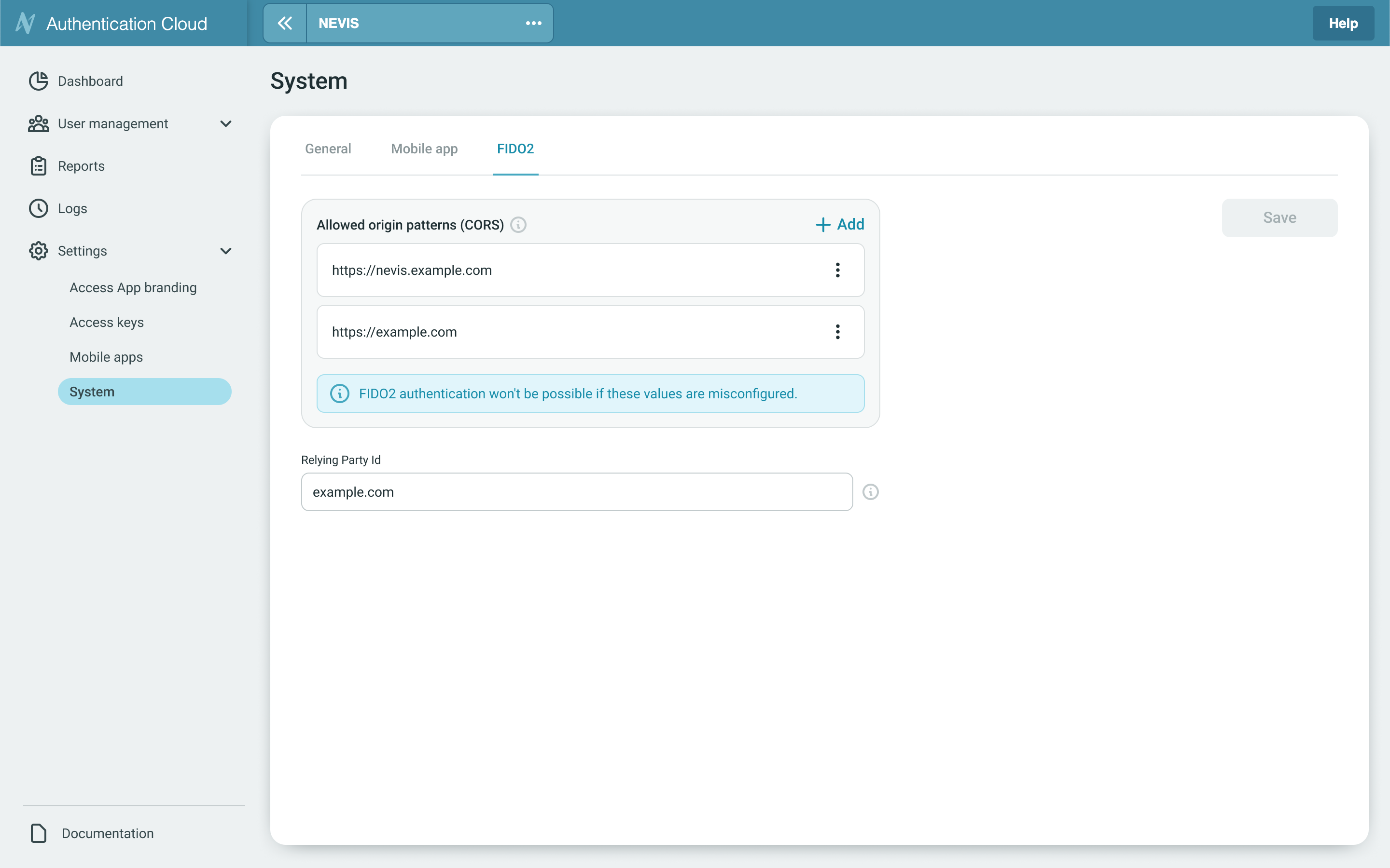 FIDO2 System Settings screen