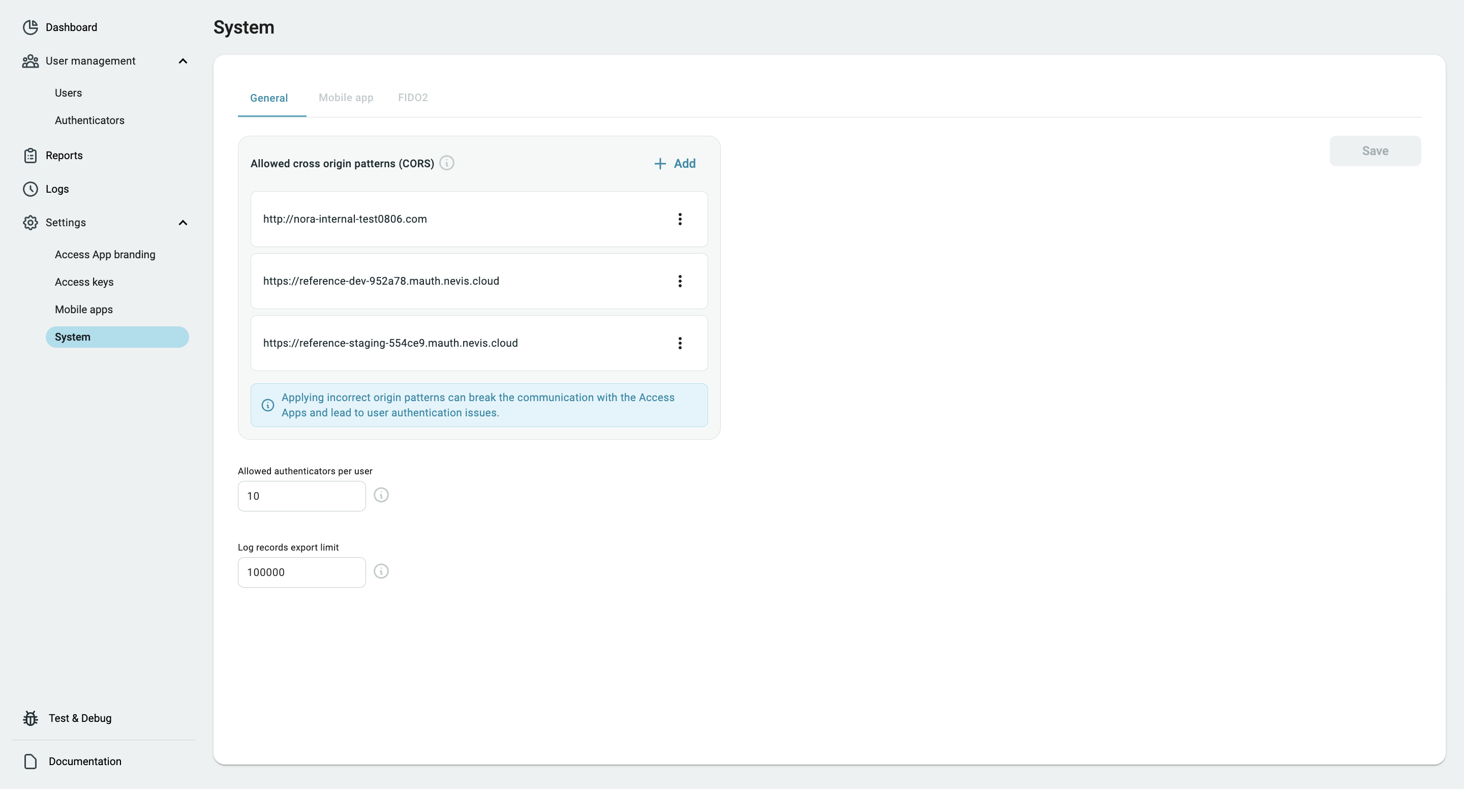 General System Settings screen