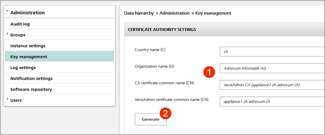Key management screen to initialize the CA and to create the certificate for nevisAdmin