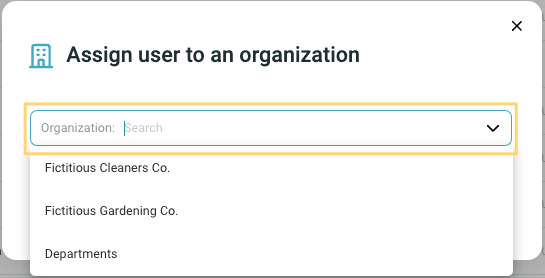 Assigning user to organization popup select organization