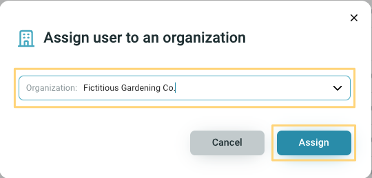 Assigning user to organization popup assign