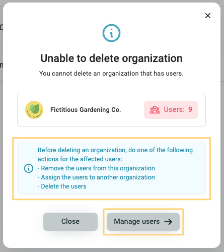 Delete organization pop-up