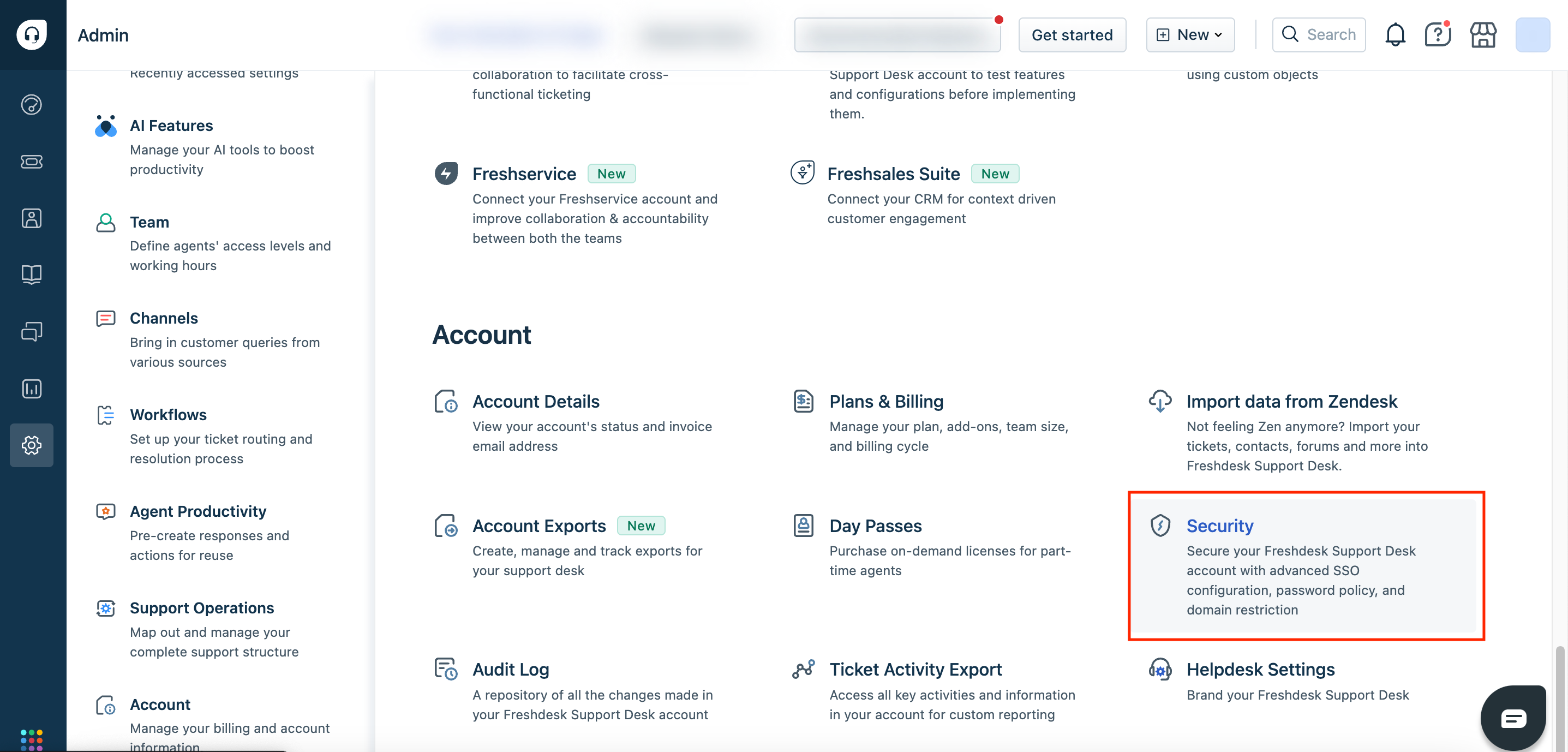 Freshdesk integration navigate to account / security