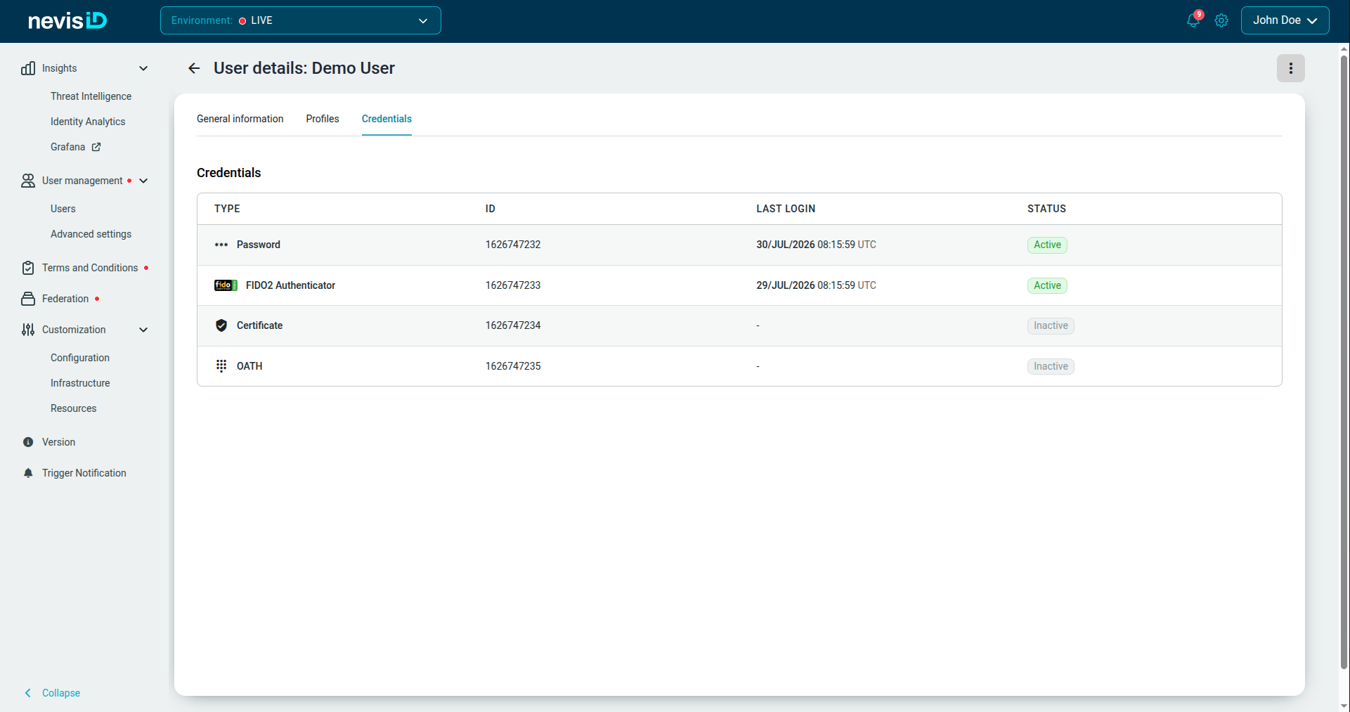 The Credentials tab