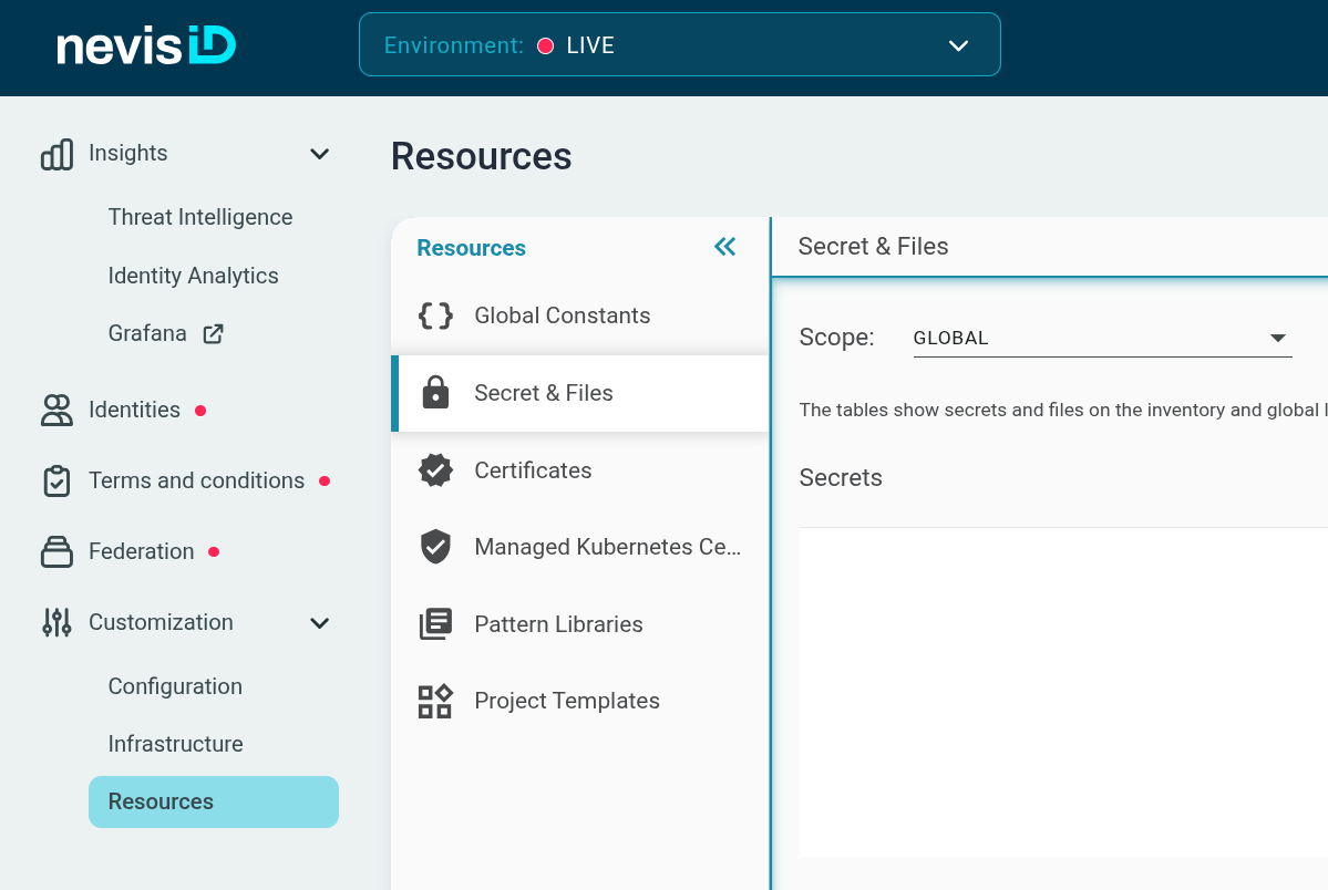 Navigating to Secret & Files via Customization > Resources in the Nevis ID management console