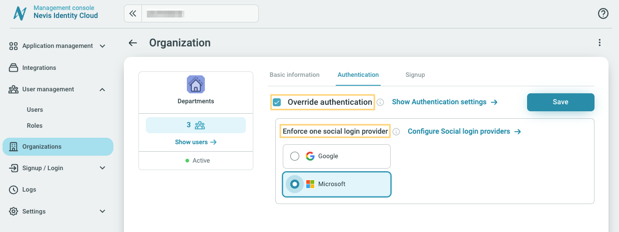 Organizations authentication tab override options
