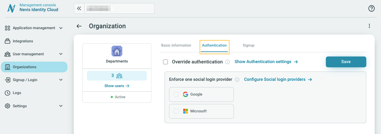Organizations authentication tab