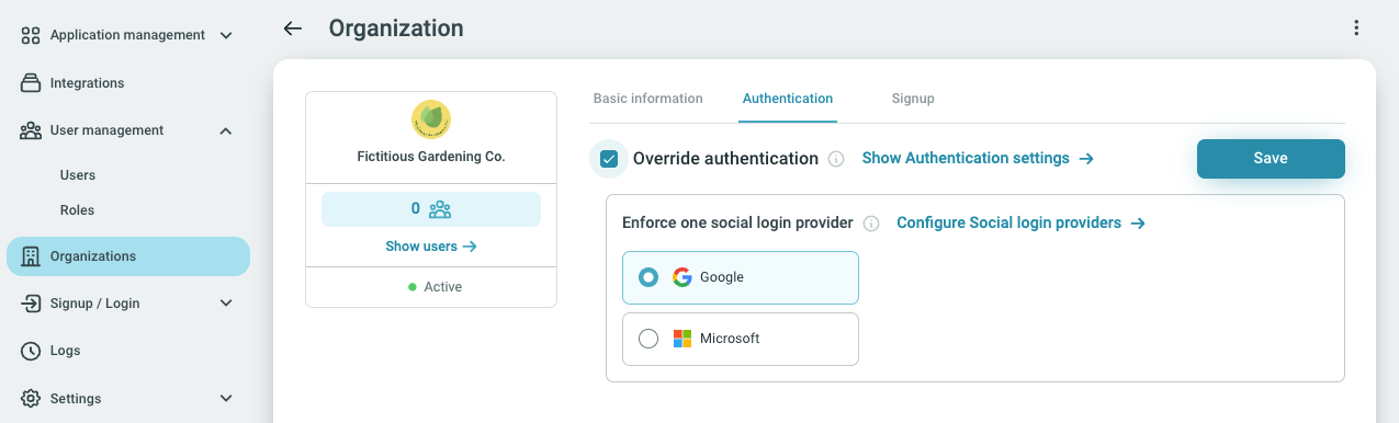Fictitious partners organization authentication override settings