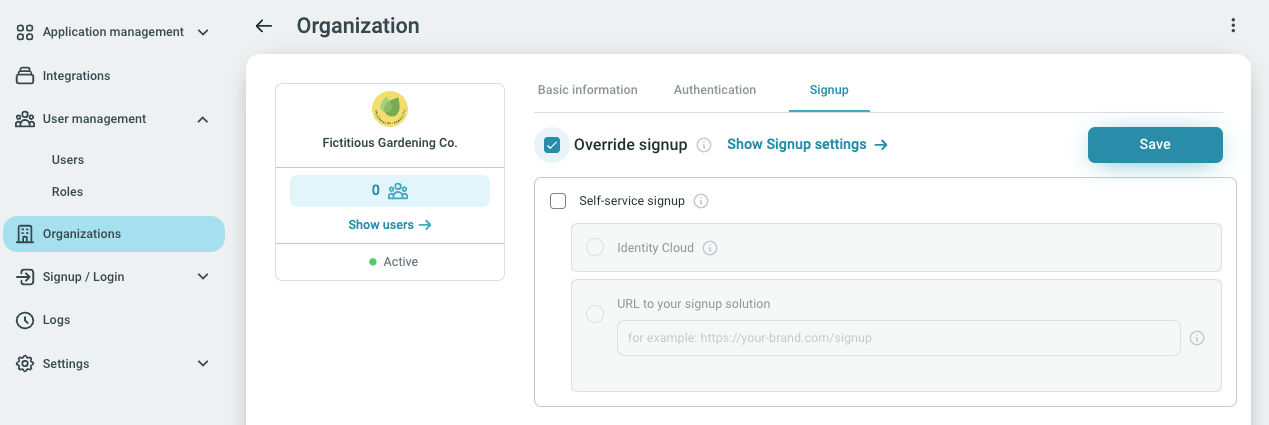 Fictitious partners organization signup override settings